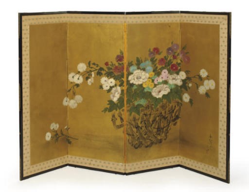 A JAPANESE FRAMED FOUR PANEL PAPER SCREEN,
