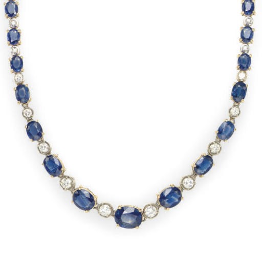 A SAPPHIRE, DIAMOND AND 18K GOLD NECKLACE