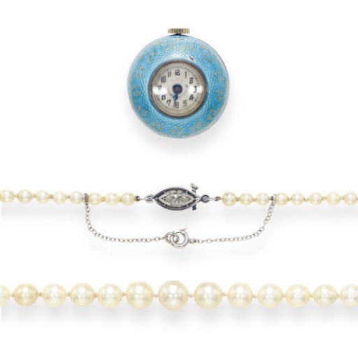 A PEARL, DIAMOND AND PLATINUM NECKLACE AND A SILVER AND ENAMEL OPENFACE POCKETWATCH