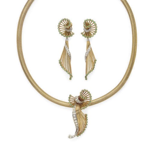 A SET OF EMERALD, DIAMOND AND 18K GOLD JEWELRY