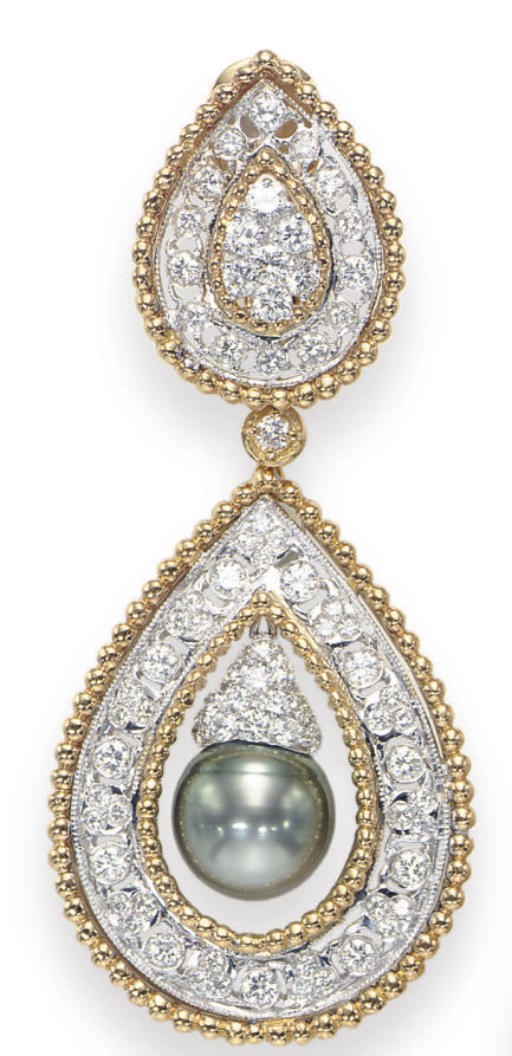 A PAIR OF CULTURED PEARL, DIAMOND AND 18K GOLD EAR PENDANTS