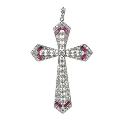 A DIAMOND, RUBY AND PLATINUM CROSS PENDANT