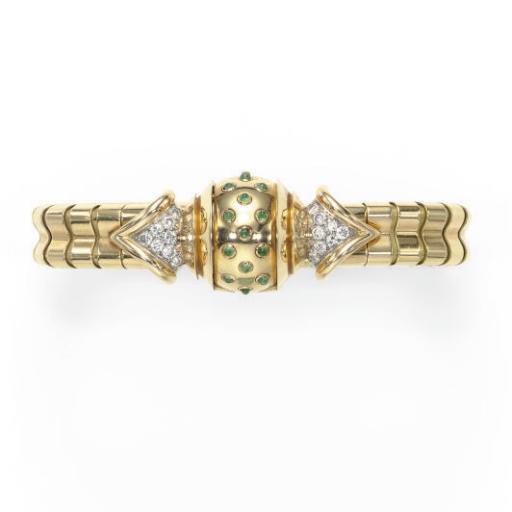 A RETRO DIAMOND, EMERALD AND 18K GOLD BRACELET-WATCH, BY GUBELIN