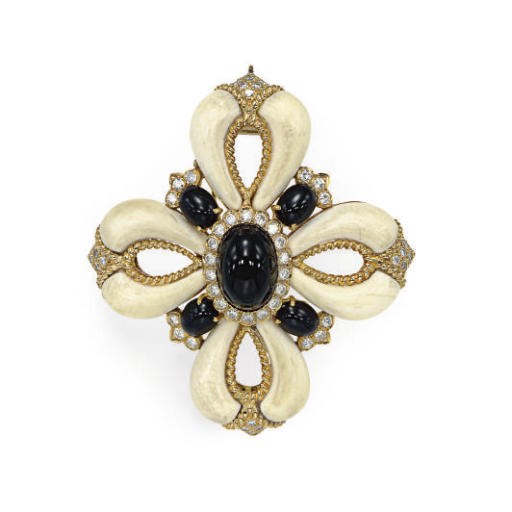 **AN IVORY, ONYX, DIAMOND AND GOLD MALTESE CROSS BROOCH