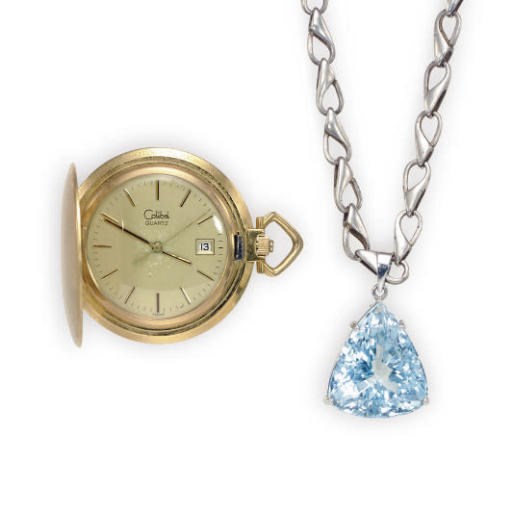 A BLUE TOPAZ, 18K WHITE GOLD AND SILVER NECKLACE AND POCKETWATCH