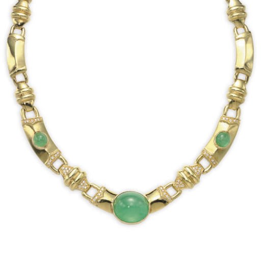 AN EMERALD, DIAMOND AND 18K GOLD NECKLACE