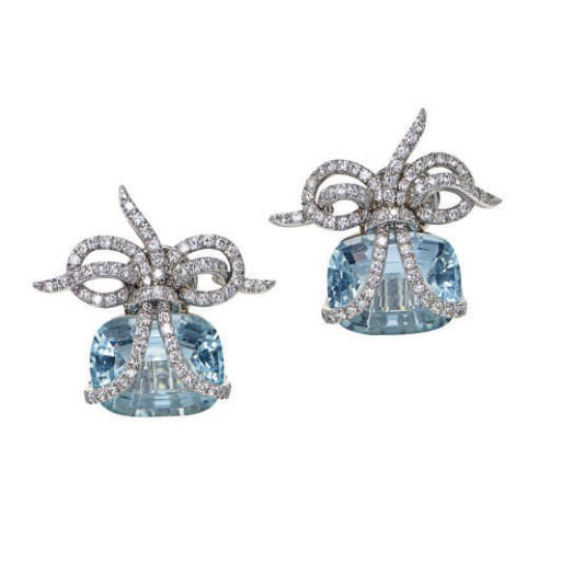 A PAIR OF AQUAMARINE, DIAMOND AND PLATINUM EAR CLIPS, BY VERDURA