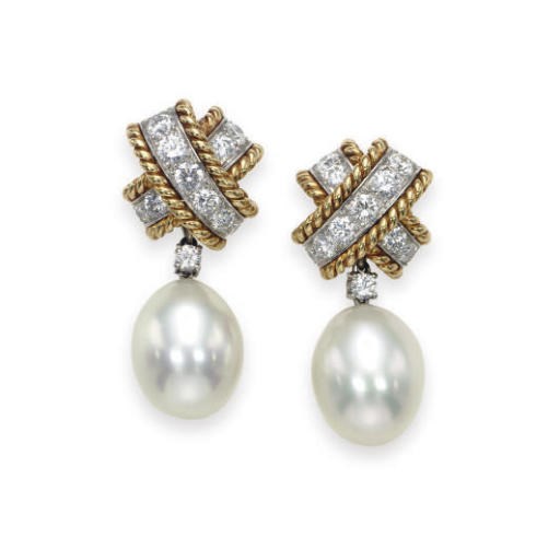 A PAIR OF CULTURED PEARL, DIAMOND AND 18K GOLD EAR PENDANTS, BY VERDURA