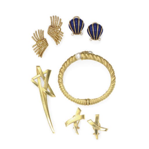A GROUP OF DIAMOND, ENAMEL, CULTURED PEARL AND 18K GOLD JEWELRY, BY TIFFANY & CO.