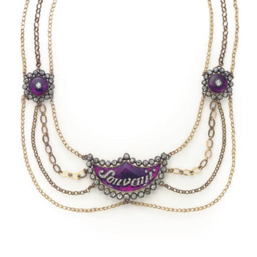 AN ANTIQUE DIAMOND, GARNET AND GOLD 'SOUVENIR' NECKLACE