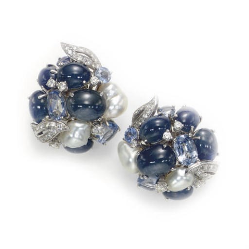 A PAIR OF SAPPHIRE, CULTURED PEARL, DIAMOND AND 18K WHITE GOLD EAR CLIPS, BY SEAMAN SCHEPPS
