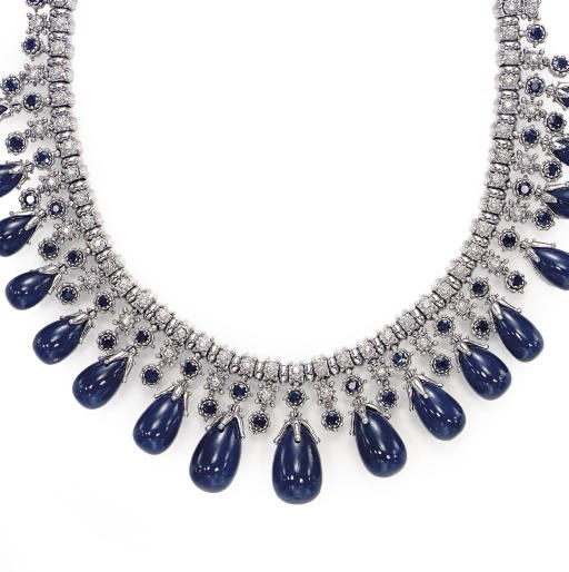 A SAPPHIRE, DIAMOND AND 18K WHITE GOLD FRINGE NECKLACE