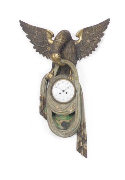 AN AUSTRIAN NEOCLASSICAL GREEN-PAINTED AND PARCEL GILT FIGURAL WALL CLOCK,