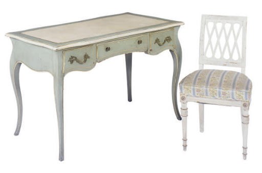 A GILT-METAL MOUNTED PAINT-DECORATED WRITING TABLE,
