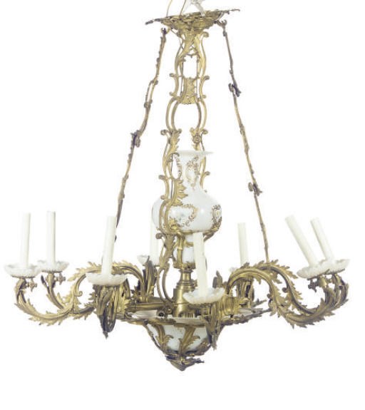 A GILT-METAL AND OPALINE GLASS EIGHT-BRANCH CHANDELIER,