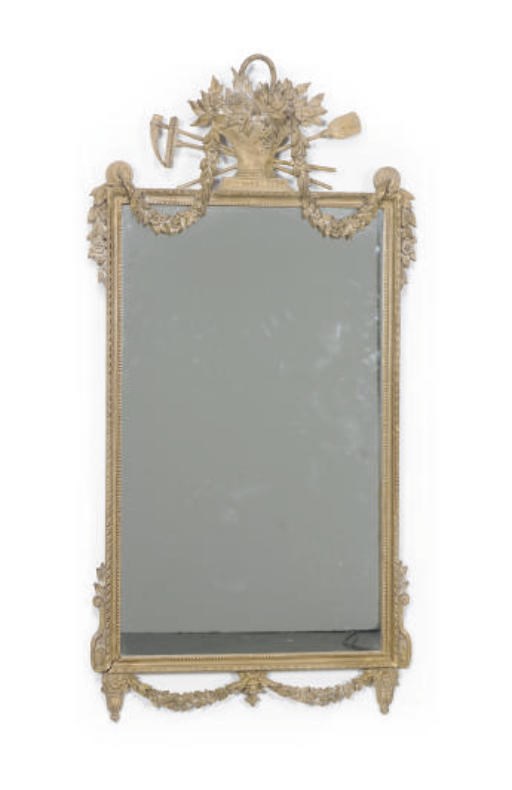 A PAIR OF GREY-PAINTED AND PARCEL GILT WALL MIRRORS,