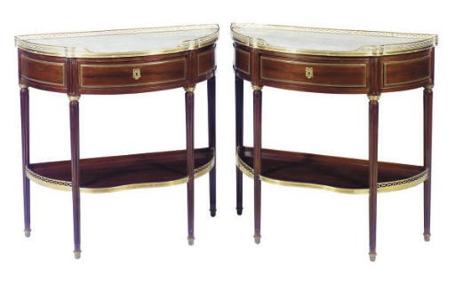 A PAIR OF FRENCH BRASS-BANDED MAHOGANY DEMILUNE CONSOLE TABLES,