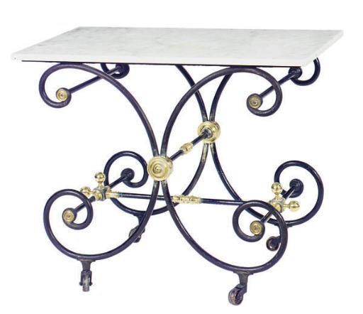 A BRASS-MOUNTED ENAMELED METAL MARBLE-TOP BAKER'S TABLE,