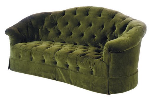 A GREEN VELVET UPHOLSTERED BUTTON-TUFFTED SOFA,