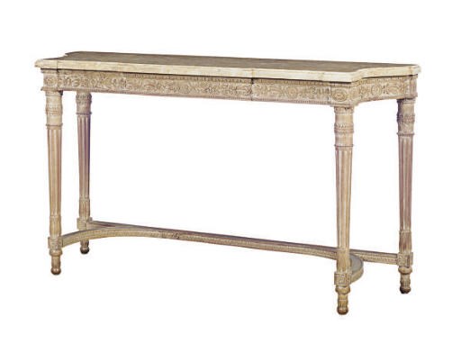 A FRENCH BEECHWOOD MARBLE-TOP CONSOLE TABLE,