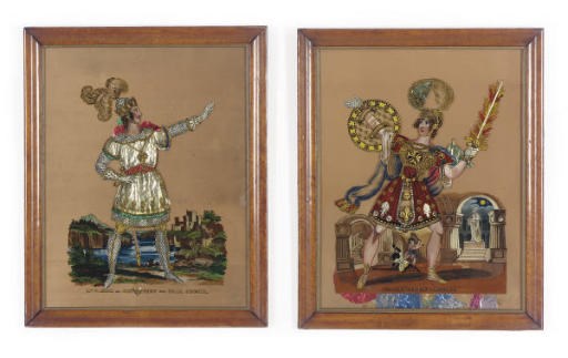 A PAIR OF TINSEL AND REVERSE-PAINTED GLASS FRAMED WARRIORS,