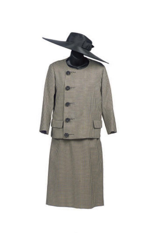 A BALENCIAGA GREY-AND-WHITE WOOL CHECK DAY SUIT,