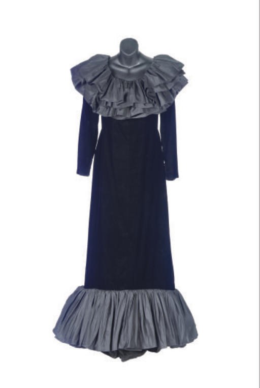 A CHEZ NINON BLACK VELVET AND RUFFLED SILK TAFFETA EVENING GOWN,