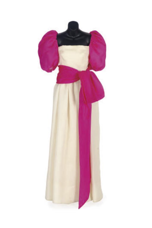 A GIVENCHY HOT PINK AND WHITE WOVEN SILK FAILLE EVENING GOWN,