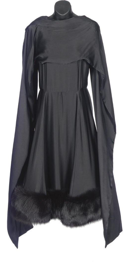 A PAULINE TRIGERE BLACK SATIN AND FUR COCKTAIL DRESS,