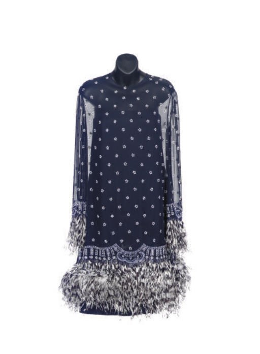 A BILL BLASS NAVY CHIFFON AND WHITE BEADED COCKTAIL DRESS,