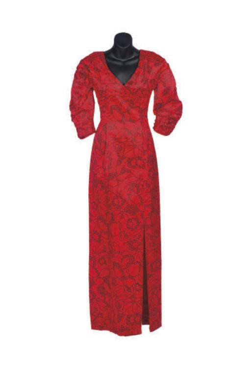 A PAULINE TRIGERE RED SATIN AND BLACK FLORAL PRINT EVENING GOWN,