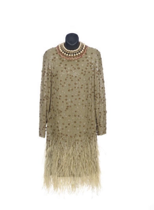 A BILL BLASS TAUPE SEQUIN AND BEADED CHIFFON COCKTAIL DRESS,