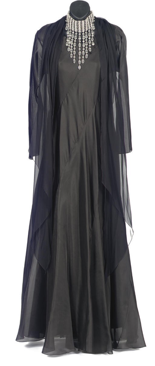 A HALSTON BLACK CHIFFON EVENING GOWN,