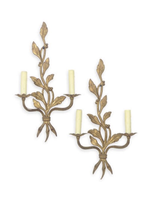 A SET OF FOUR GILT-METAL TWO-BRANCH WALL LIGHTS,