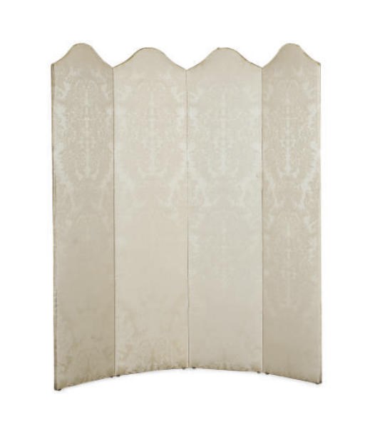 A FOUR-PANEL DAMASK UPHOLSTERED FLOOR SCREEN,