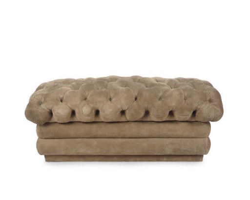A BUTTON-TUFFTED SUEDE BENCH,
