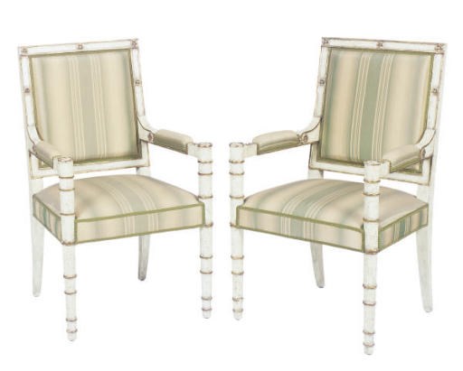 A PAIR OF GREEN PAINTED AND PARCEL GILT FAUTEUILS,