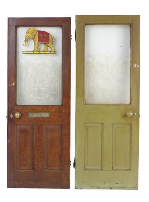 TWO PAINTED AND ETCHED GLASS DOORS,