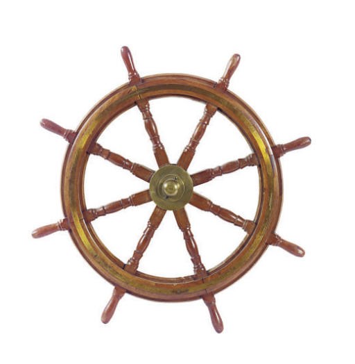 A MAHOGANY EIGHT SPOKE SHIP'S WHEEL,