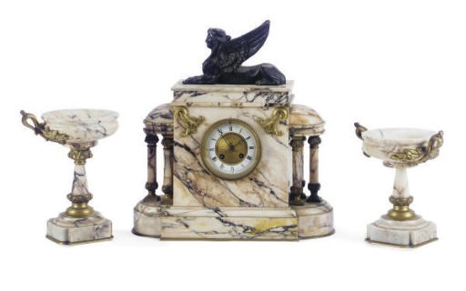 A FRENCH GILT-METAL MOUNTED MARBLE CLOCK GARNITURE,