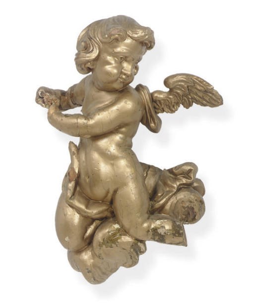 A GILTWOOD FIGURE OF A PUTTO,