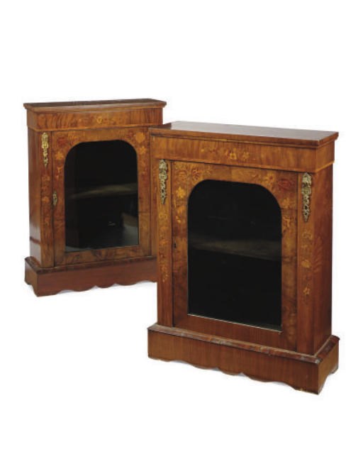 A PAIR OF VICTORIAN FLORAL MARQUETRY WALNUT LIBRARY CABINETS,