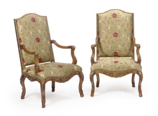 A PAIR OF FRUITWOOD AND UPHOLSTERED ARMCHAIRS,