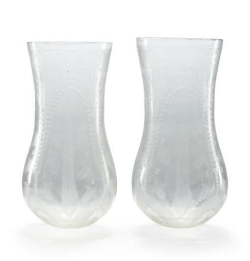 A PAIR OF CUT GLASS HURRICANE LAMP SHADES,