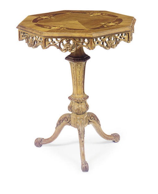 A MAHOGANY, OAK AND MARQUETRY TRIPOD TABLE,