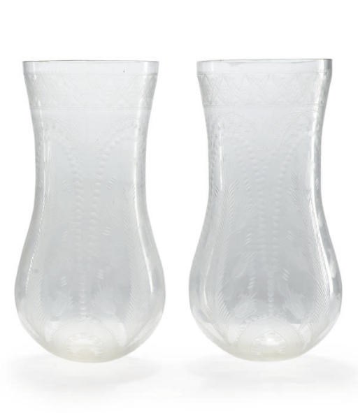A PAIR OF CUT GLASS HURRICANE LAMP SHADES,