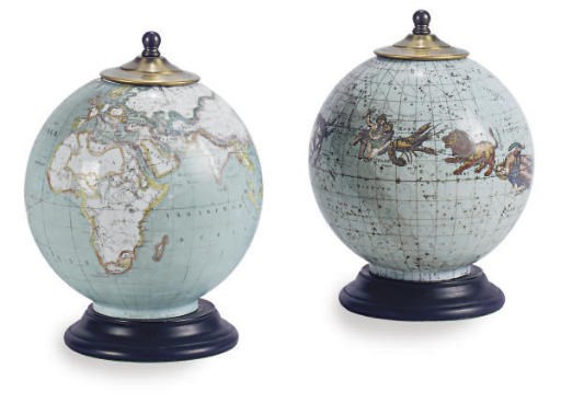 A PAIR OF PORCELAIN ILLUMINATED GLOBES,