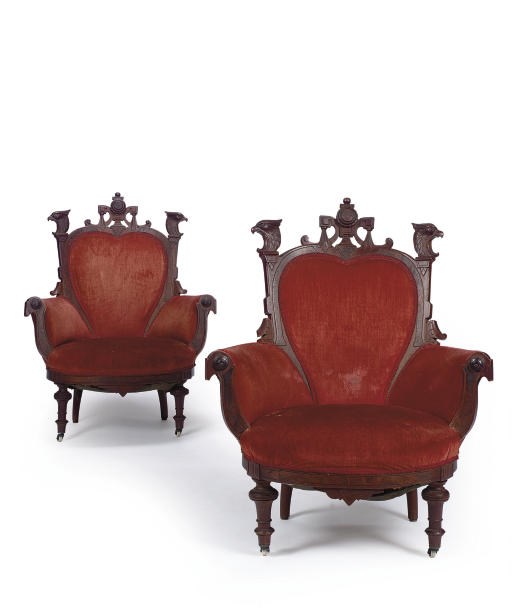 A PAIR OF LATE VICTORIAN WALNUT ARMCHAIRS,