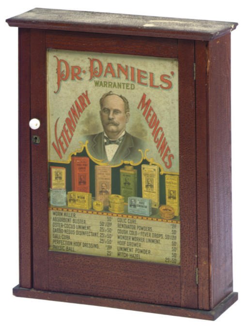AN AMERICAN PINE AND POLYCHROME-PAINTED TIN ADVERISTISING CABINET,