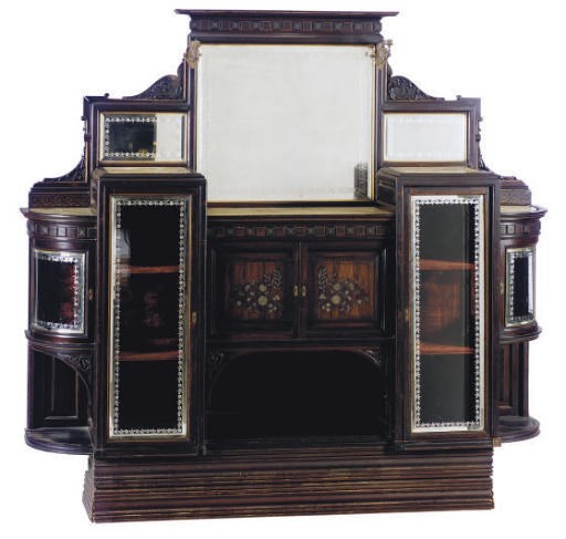 AN AESTHETIC MOVEMENT ROSEWOOD AND STAINED MAHOGANY SIDE CABINET**,